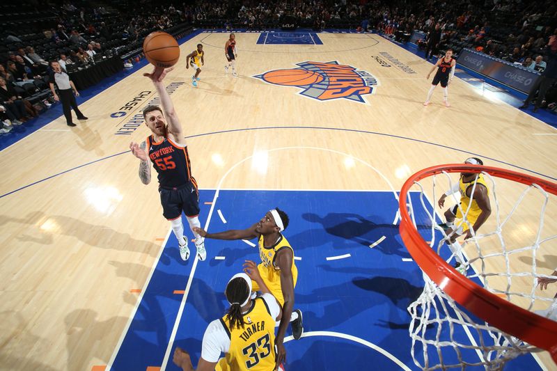 NEW YORK, NY - FEBRUARY 1: Isaiah Hartenstein #55 of the New York Knicks drives to the basket during the game against the Indiana Pacers on February 1, 2024 at Madison Square Garden in New York City, New York.  NOTE TO USER: User expressly acknowledges and agrees that, by downloading and or using this photograph, User is consenting to the terms and conditions of the Getty Images License Agreement. Mandatory Copyright Notice: Copyright 2024 NBAE  (Photo by Nathaniel S. Butler/NBAE via Getty Images)