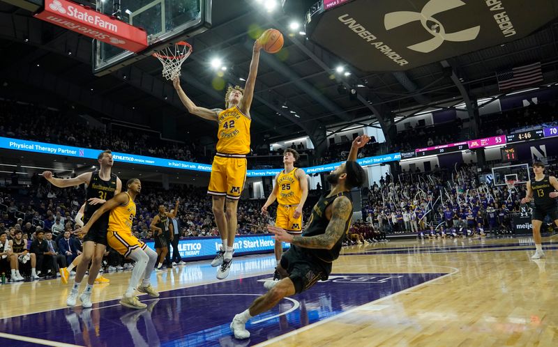 Jan 28, 2023; Evanston, Illinois, USA; Minnesota Golden Gophers center Treyton Thompson (42) fouls Northwestern Wildcats guard Boo Buie (0) during the second half at Welsh-Ryan Arena. Mandatory Credit: David Banks-USA TODAY Sports