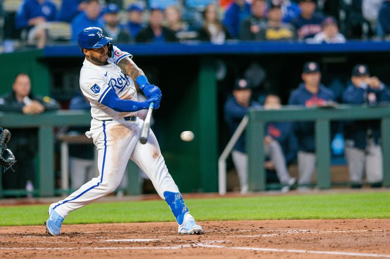 Apr 10, 2024; Kansas City, Missouri, USA; Kansas City Royals outfielder Nelson Velázquez (17) at bat during the third inning against the Houston Astros at Kauffman Stadium. Mandatory Credit: William Purnell-USA TODAY Sports