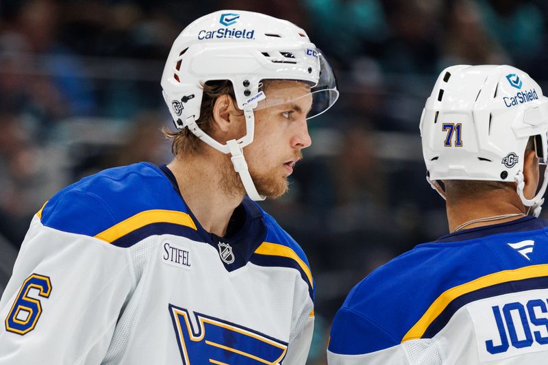 Oct 8, 2024; Seattle, Washington, USA; St. Louis Blues defenseman Philip Broberg (6) looks on against the Seattle Kraken during the first period at Climate Pledge Arena. Mandatory Credit: Caean Couto-Imagn Images