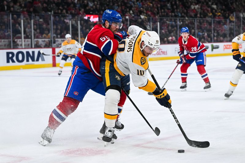 Dec 5, 2024; Montreal, Quebec, CAN; Montreal Canadiens defenseman David Savard (58) defends against Nashville Predators center Colton Sissons (10) during the first period at Bell Centre. Mandatory Credit: David Kirouac-Imagn Images