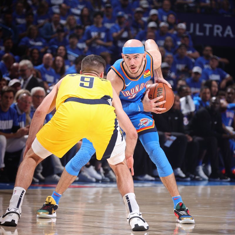 OKLAHOMA CITY, OK - JUNE 8: Alex Caruso #9 of the Oklahoma City Thunder looks on during the game against the Indiana Pacers during Game Two of the 2025 NBA Finals on June 8, 2025 at Paycom Center in Oklahoma City, Oklahoma. NOTE TO USER: User expressly acknowledges and agrees that, by downloading and or using this photograph, User is consenting to the terms and conditions of the Getty Images License Agreement. Mandatory Copyright Notice: Copyright 2025 NBAE(Photo by Nathaniel S. Butler/NBAE via Getty Images)