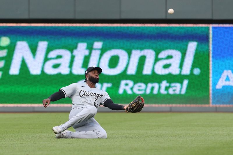 Jul 20, 2024; Kansas City, Missouri, USA; Chicago White Sox outfielder Luis Robert Jr. (88) makes a catch against the Kansas City Royals during the bottom of the fourth inning at Kauffman Stadium. Mandatory Credit: Scott Sewell-USA TODAY Sports