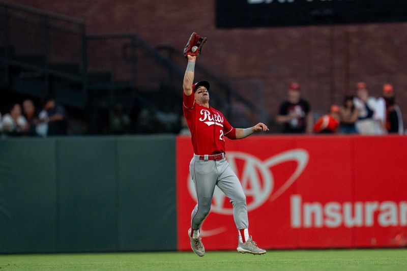 Aug 29, 2023; San Francisco, California, USA;  Cincinnati Reds center fielder TJ Friedl (29) fields a fly ball during the third inning against the San Francisco Giants at Oracle Park. Mandatory Credit: Neville E. Guard-USA TODAY Sports