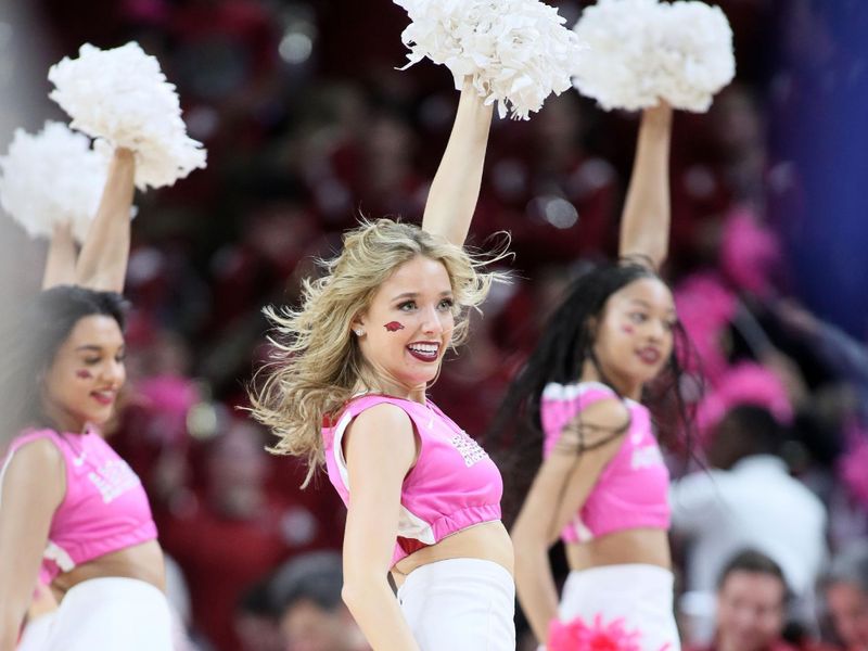 Jan 24, 2023; Fayetteville, Arkansas, USA; Arkansas Razorbacks cheerleaders perform during the second half against the LSU Tigers at Bud Walton Arena. Arkansas won 60-40. Mandatory Credit: Nelson Chenault-USA TODAY Sports