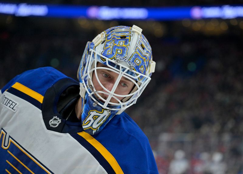 Oct 26, 2024; Montreal, Quebec, CAN; St.Louis Blues goalie Jordan Binnington (50) skates during the first period against the Montreal Canadiens at the Bell Centre. Mandatory Credit: Eric Bolte-Imagn Images