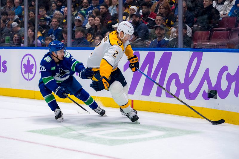 Nov 17, 2024; Vancouver, British Columbia, CAN; Vancouver Canucks forward Danton Heinen (20) defends against Nashville Predators defenseman Luke Schenn (2) during the second period at Rogers Arena. Mandatory Credit: Bob Frid-Imagn Images