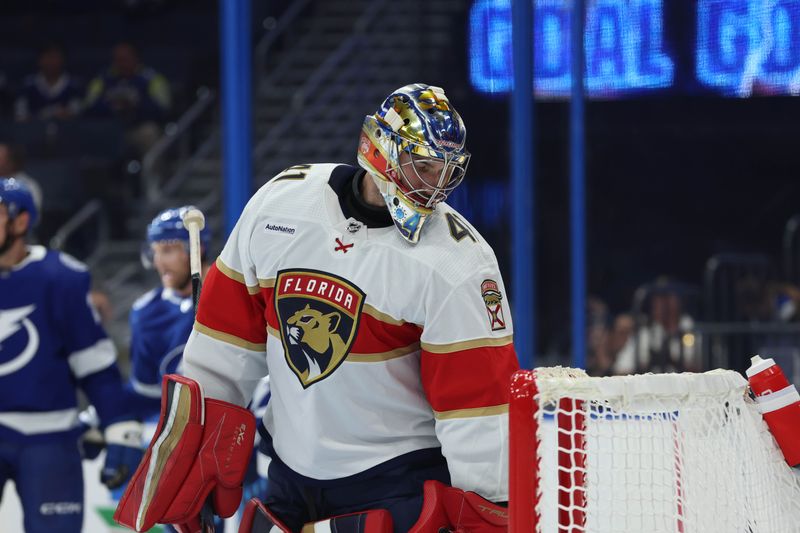 Oct 5, 2023; Tampa, Florida, USA; Florida Panthers goalie Anthony Stolarz (41) reacts after he gave up a goal against the Tampa Bay Lightning during the second period at Amalie Arena. Mandatory Credit: Kim Klement Neitzel-USA TODAY Sports