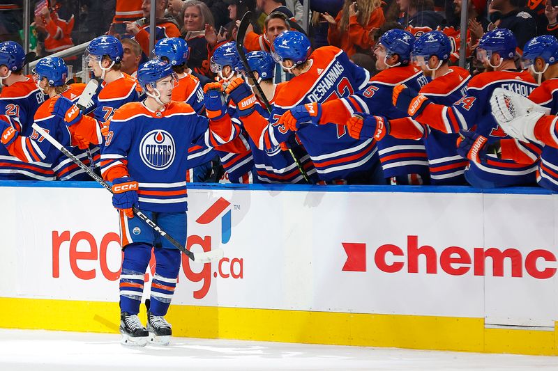 Jan 2, 2024; Edmonton, Alberta, CAN; The Edmonton Oilers celebrate a goal scored by forward Ryan Nugent-Hopkins (93) during the second period against the Philadelphia Flyers at Rogers Place. Mandatory Credit: Perry Nelson-USA TODAY Sports