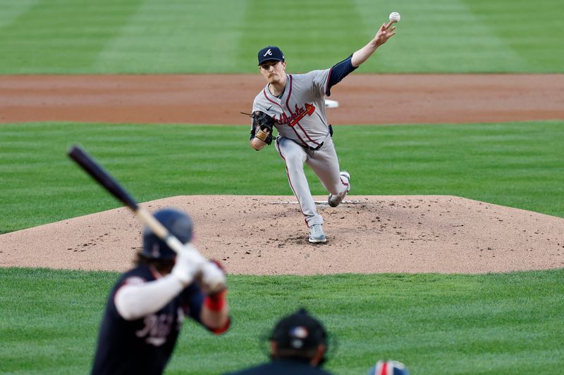 Sep 11, 2024; Washington, District of Columbia, USA; Atlanta Braves starting pitcher Max Fried (54) pitches against Washington Nationals outfielder Dylan Crews (3) during the first inning at Nationals Park. Mandatory Credit: Geoff Burke-Imagn Images