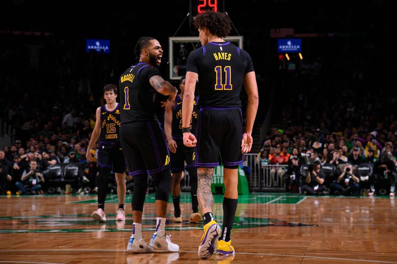 BOSTON, MA - FEBRUARY 1: D'Angelo Russell #1 and Jaxson Hayes #11 Of the Los Angeles Lakers celebrates during the game against the Boston Celtics on February 1, 2024 at the TD Garden in Boston, Massachusetts. NOTE TO USER: User expressly acknowledges and agrees that, by downloading and or using this photograph, User is consenting to the terms and conditions of the Getty Images License Agreement. Mandatory Copyright Notice: Copyright 2024 NBAE  (Photo by Brian Babineau/NBAE via Getty Images)