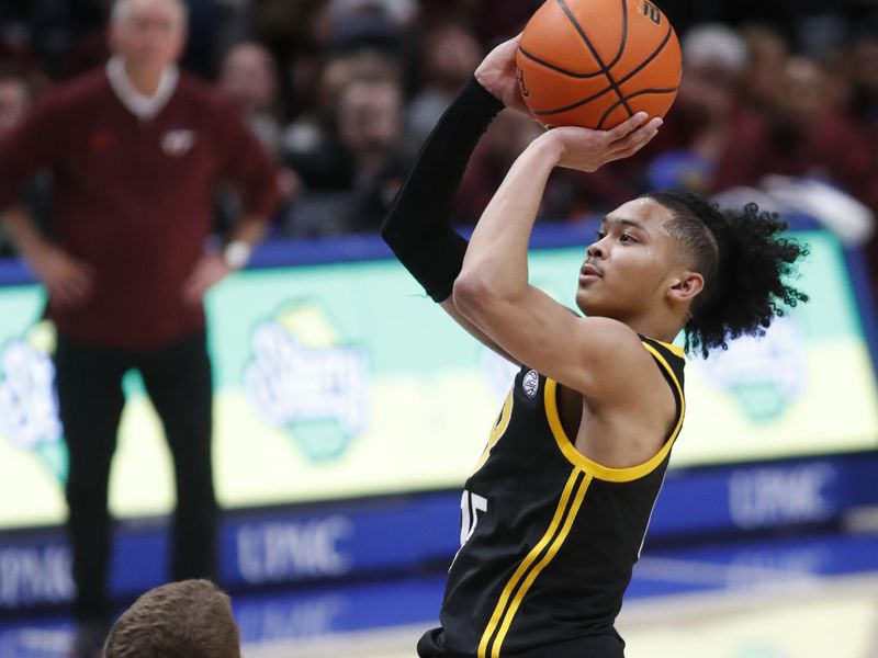 Feb 24, 2024; Pittsburgh, Pennsylvania, USA;  Pittsburgh Panthers guard Jaland Lowe (15) shoots the ball against Virginia Tech Hokies guard Sean Pedulla (3) during the second half at the Petersen Events Center. The Panthers won 79-64. Mandatory Credit: Charles LeClaire-USA TODAY Sports