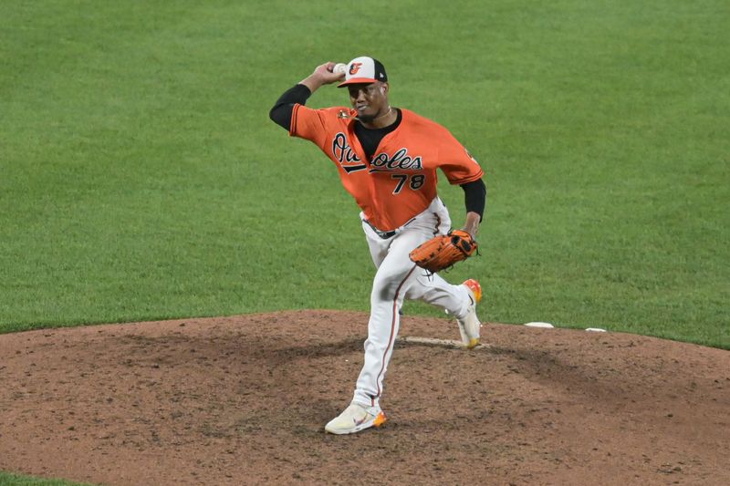 Aug 26, 2023; Baltimore, Maryland, USA; Baltimore Orioles relief pitcher Yennier Cano (78) throws a eighth inning pitch against the Colorado Rockies  at Oriole Park at Camden Yards. Mandatory Credit: Tommy Gilligan-USA TODAY Sports