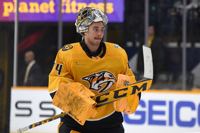 Dec 7, 2023; Nashville, Tennessee, USA; Nashville Predators goaltender Juuse Saros (74) after a win against the Tampa Bay Lightning at Bridgestone Arena. Mandatory Credit: Christopher Hanewinckel-USA TODAY Sports