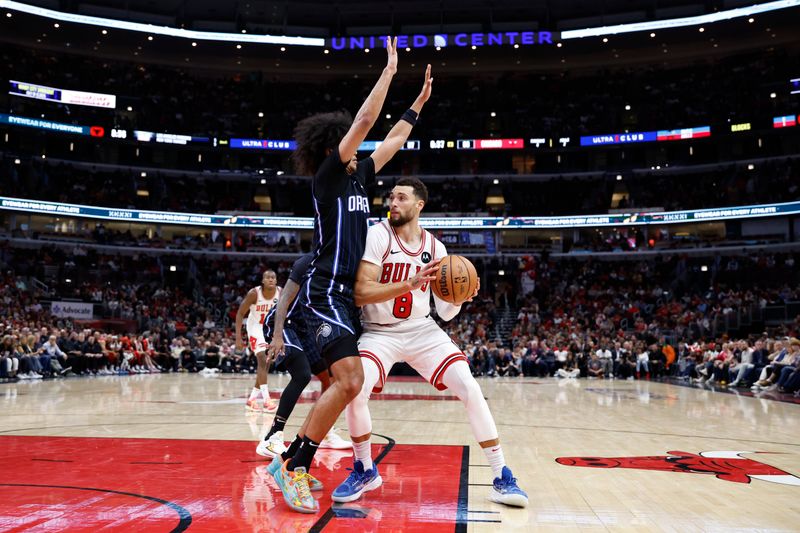 CHICAGO, IL - OCTOBER 30: Zach LaVine #8 of the Chicago Bulls drives to the basket during the game against the Orlando Magic on October 30, 2024 at United Center in Chicago, Illinois. NOTE TO USER: User expressly acknowledges and agrees that, by downloading and or using this photograph, User is consenting to the terms and conditions of the Getty Images License Agreement. Mandatory Copyright Notice: Copyright 2024 NBAE (Photo by Kamil Krzaczynski/NBAE via Getty Images)