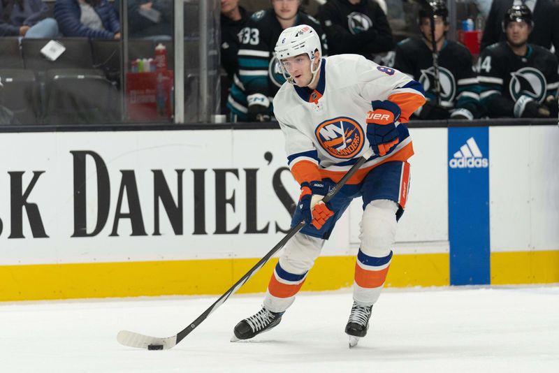 Mar 7, 2024; San Jose, California, USA; New York Islanders defenseman Noah Dobson (8) looks to pass the puck during the first period against the San Jose Sharks at SAP Center at San Jose. Mandatory Credit: Stan Szeto-USA TODAY Sports