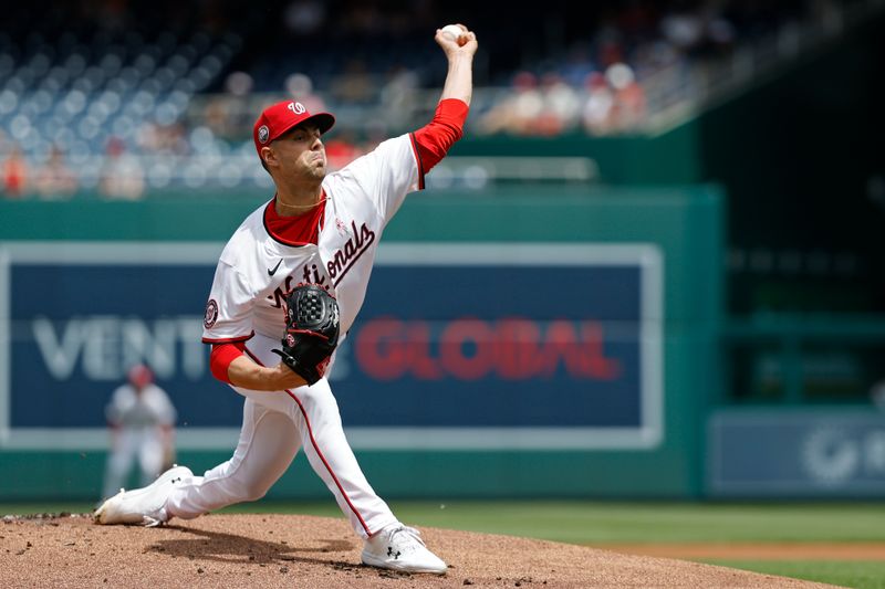 May 11, 2025; Washington, District of Columbia, USA; Washington Nationals starting pitcher MacKenzie Gore (1) pitches against the St. Louis Cardinals during the first inning at Nationals Park. Mandatory Credit: Geoff Burke-Imagn Images