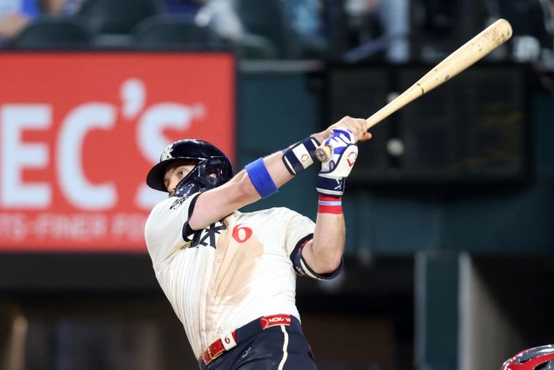 May 30, 2025; Arlington, Texas, USA; Texas Rangers third base Josh Jung (6) singles in two runs during the sixth inning against the St. Louis Cardinals at Globe Life Field. Mandatory Credit: Tim Heitman-Imagn Images