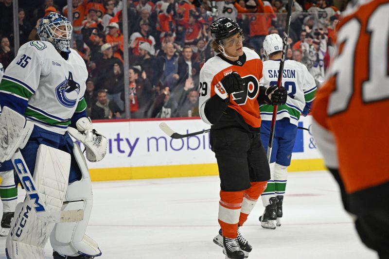 Dec 22, 2025; Philadelphia, Pennsylvania, USA; Philadelphia Flyers right wing Nikita Grebenkin (29) celebrates his goal against the Vancouver Canucks during the second period at Xfinity Mobile Arena. Mandatory Credit: Eric Hartline-Imagn Images