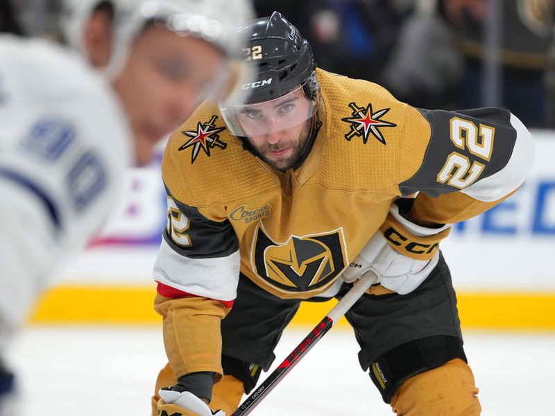 Feb 18, 2023; Las Vegas, Nevada, USA; Vegas Golden Knights right wing Michael Amadio (22) awaits a face off against the Tampa Bay Lightning during the second period at T-Mobile Arena. Mandatory Credit: Stephen R. Sylvanie-USA TODAY Sports