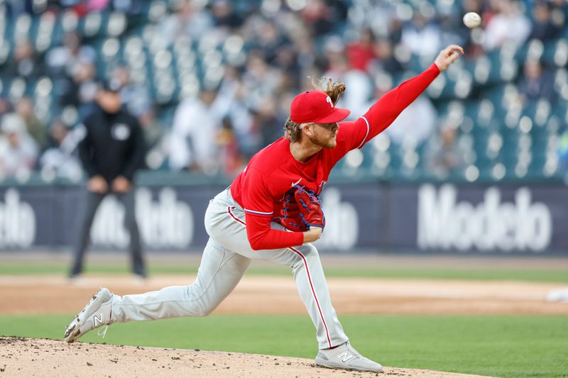 Apr 18, 2023; Chicago, Illinois, USA; Philadelphia Phillies starting pitcher Bailey Falter (70) delivers against the Chicago White Sox during the first inning of game two of the doubleheader at Guaranteed Rate Field. Mandatory Credit: Kamil Krzaczynski-USA TODAY Sports