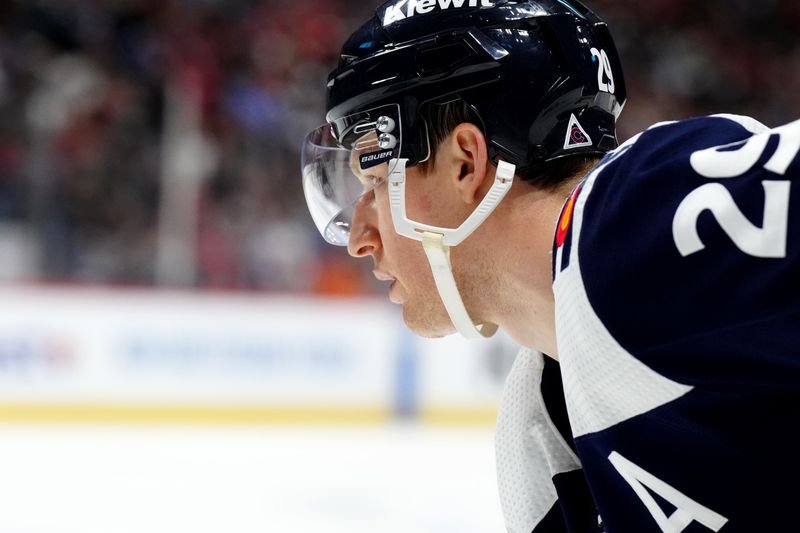 Mar 4, 2024; Denver, Colorado, USA; Colorado Avalanche center Nathan MacKinnon (29) during the second period against the Chicago Blackhawks at Ball Arena. Mandatory Credit: Ron Chenoy-USA TODAY Sports