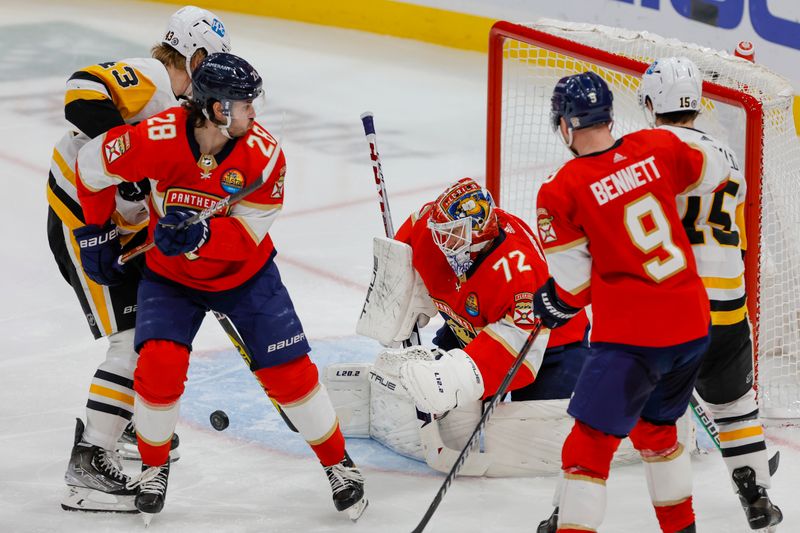 Dec 15, 2022; Sunrise, Florida, USA; Florida Panthers goaltender Sergei Bobrovsky (72) makes a save during the third period against the Pittsburgh Penguins at FLA Live Arena. Mandatory Credit: Sam Navarro-USA TODAY Sports