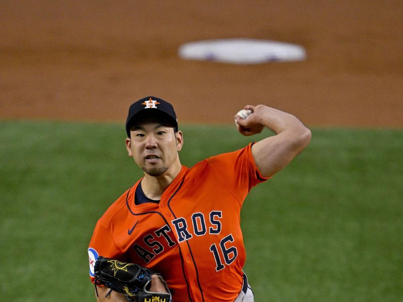 Aug 7, 2024; Arlington, Texas, USA;  Houston Astros starting pitcher Yusei Kikuchi (16) pitches against the Texas Rangers during the first inning at Globe Life Field. Mandatory Credit: Jerome Miron-USA TODAY Sports