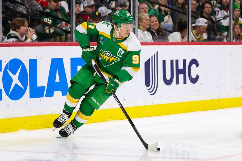 Jan 27, 2024; Saint Paul, Minnesota, USA; Minnesota Wild left wing Kirill Kaprizov (97) skates with the puck during the second period against the Anaheim Ducks at Xcel Energy Center. Mandatory Credit: Matt Krohn-USA TODAY Sports