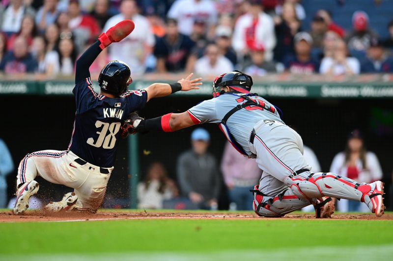 May 31, 2024; Cleveland, Ohio, USA; Washington Nationals catcher Keibert Ruiz (20) tags out Cleveland Guardians left fielder Steven Kwan (38) at the plate during the fifth inning at Progressive Field. Mandatory Credit: Ken Blaze-USA TODAY Sports