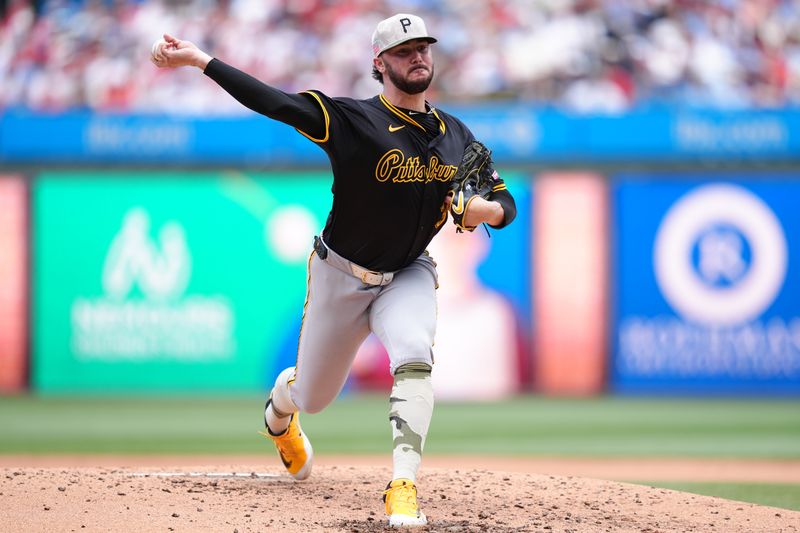 May 18, 2025; Philadelphia, Pennsylvania, USA; Pittsburgh Pirates starting pitcher Paul Skenes (30) throws a pitch against the Philadelphia Phillies in the third inning at Citizens Bank Park. Mandatory Credit: Kyle Ross-Imagn Images