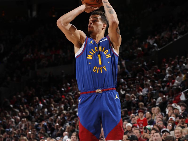 PORTLAND, OR - MARCH 23: Michael Porter Jr. #1 of the Denver Nuggets shoots the ball during the game against the Portland Trail Blazers on March 23, 2024 at the Moda Center Arena in Portland, Oregon. NOTE TO USER: User expressly acknowledges and agrees that, by downloading and or using this photograph, user is consenting to the terms and conditions of the Getty Images License Agreement. Mandatory Copyright Notice: Copyright 2024 NBAE (Photo by Cameron Browne/NBAE via Getty Images)