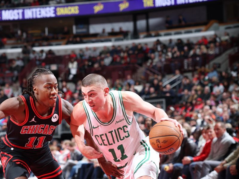 CHICAGO, IL - NOVEMBER 29: Payton Pritchard #11 of the Boston Celtics dribbles the ball during the game against the Chicago Bulls during the Emirates NBA Cup game on November 29, 2024 at United Center in Chicago, Illinois. NOTE TO USER: User expressly acknowledges and agrees that, by downloading and or using this photograph, User is consenting to the terms and conditions of the Getty Images License Agreement. Mandatory Copyright Notice: Copyright 2024 NBAE (Photo by Jeff Haynes/NBAE via Getty Images)