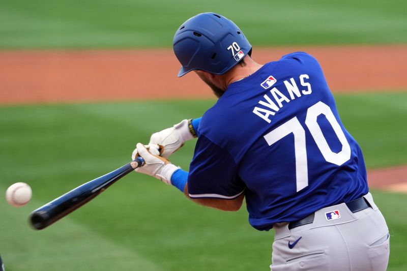 Feb 28, 2024; Surprise, Arizona, USA; Los Angeles Dodgers center fielder Drew Avans (70) bats during the second inning against the Texas Rangers at Surprise Stadium. Mandatory Credit: Joe Camporeale-USA TODAY Sports