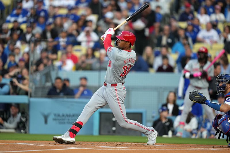 May 16, 2024; Los Angeles, California, USA; Cincinnati Reds center fielder Will Benson (30) hits a home run in the first inning against the Los Angeles Dodgers at Dodger Stadium. Mandatory Credit: Kirby Lee-USA TODAY Sports