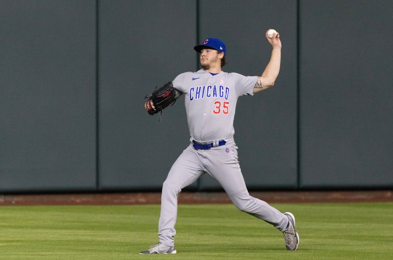 May 16, 2023; Houston, Texas, USA; Chicago Cubs starting pitcher Justin Steele (35) warms up before pitching against the Houston Astros at Minute Maid Park. Mandatory Credit: Thomas Shea-USA TODAY Sports