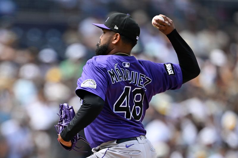 Sep 14, 2025; San Diego, California, USA; Colorado Rockies starting pitcher German Marquez (48) delivers during the first inning against the San Diego Padres at Petco Park. Mandatory Credit: Denis Poroy-Imagn Images
