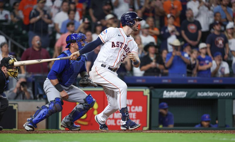 May 17, 2023; Houston, Texas, USA; Houston Astros designated hitter Kyle Tucker (30) hits a game-winning walk-off RBI single during the ninth inning against the Chicago Cubs at Minute Maid Park. Mandatory Credit: Troy Taormina-USA TODAY Sports