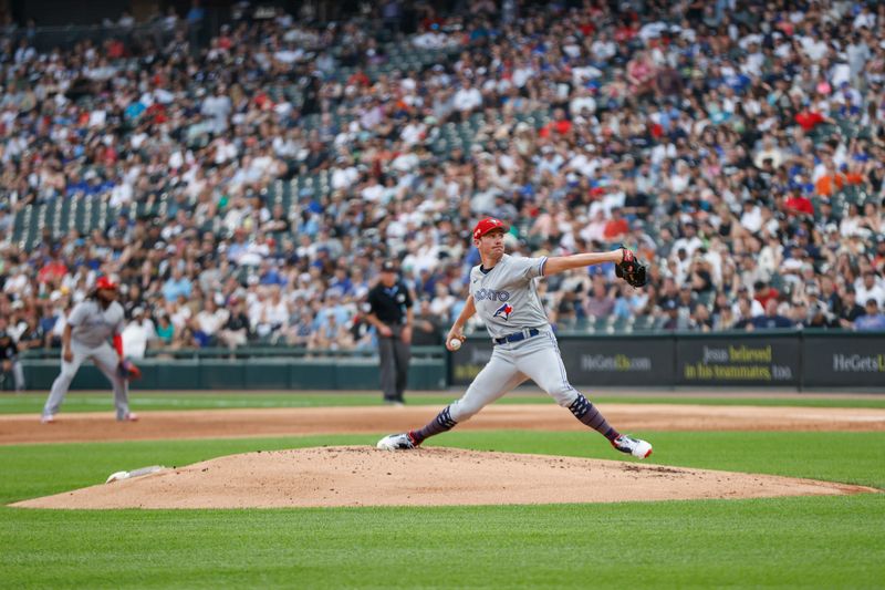 Jul 4, 2023; Chicago, Illinois, USA; Toronto Blue Jays starting pitcher Chris Bassitt (40) delivers a pitch against the Chicago White Sox during the first inning at Guaranteed Rate Field. Mandatory Credit: Kamil Krzaczynski-USA TODAY Sports