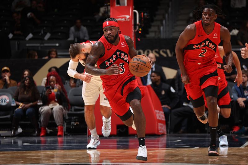 WASHINGTON, DC -? OCTOBER 11: Jamal Shead #23 of the Toronto Raptors dribbles the ball during the game against the Washington Wizards during a NBA preseason game on October 11, 2024 at Capital One Arena in Washington, DC. NOTE TO USER: User expressly acknowledges and agrees that, by downloading and or using this Photograph, user is consenting to the terms and conditions of the Getty Images License Agreement. Mandatory Copyright Notice: Copyright 2024 NBAE (Photo by Stephen Gosling/NBAE via Getty Images)