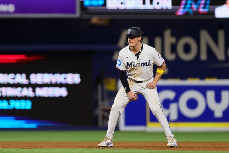 Sep 4, 2024; Miami, Florida, USA; Miami Marlins right fielder Griffin Conine (56) runs from second base against the Washington Nationals during the tenth inning at loanDepot Park. Mandatory Credit: Sam Navarro-Imagn Images