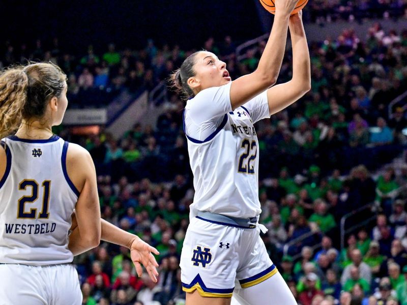 Mar 3, 2024; South Bend, Indiana, USA; Notre Dame Fighting Irish forward Kylee Watson (22) goes up for a shot in the second half against the Louisville Cardinals at the Purcell Pavilion. Mandatory Credit: Matt Cashore-USA TODAY Sports