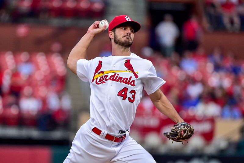 Apr 12, 2022; St. Louis, Missouri, USA;  St. Louis Cardinals starting pitcher Dakota Hudson (43) pitches against the Kansas City Royals during the first inning at Busch Stadium. Mandatory Credit: Jeff Curry-USA TODAY Sports