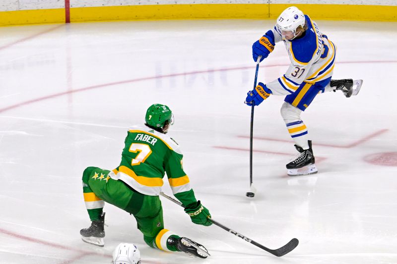 Feb 17, 2024; Saint Paul, Minnesota, USA;  Buffalo Sabres forward Casey Mittelstadt (37) scores a goal as Minnesota Wild defenseman Brock Faber (7) defends during the third period at Xcel Energy Center. Mandatory Credit: Nick Wosika-USA TODAY Sports