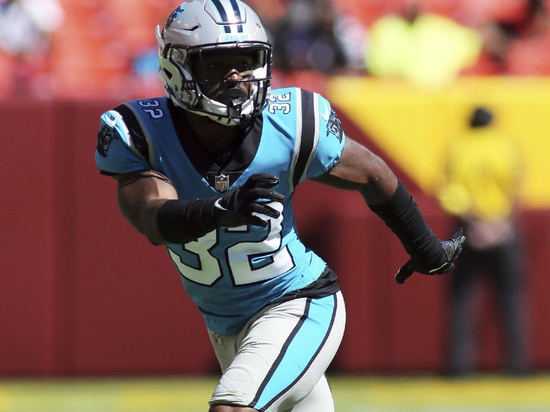 Carolina Panthers cornerback Tae Hayes (32) runs during an NFL football game against the Washington Commanders, Saturday, Aug. 13, 2022 in Landover. (AP Photo/Daniel Kucin Jr.)