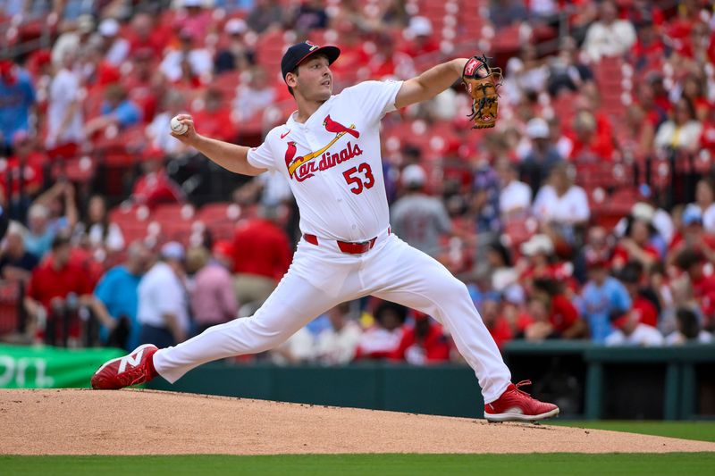 Sep 22, 2024; St. Louis, Missouri, USA;  St. Louis Cardinals starting pitcher Andre Pallante (53) pitches against the Cleveland Guardians during the first inning at Busch Stadium. Mandatory Credit: Jeff Curry-Imagn Images