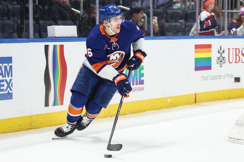 Jan 16, 2025; Elmont, New York, USA;  New York Islanders defenseman Ryan Pulock (6) controls the puck in the third period against the Philadelphia Flyers at UBS Arena. Mandatory Credit: Wendell Cruz-Imagn Images