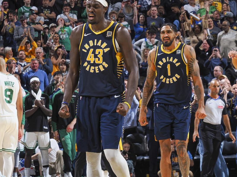 INDIANAPOLIS, IN - OCTOBER 30: Pascal Siakam #43 of the Indiana Pacers celebrates a game winning three point basket during the game on October 30, 2024 at Gainbridge Fieldhouse in Indianapolis, Indiana. NOTE TO USER: User expressly acknowledges and agrees that, by downloading and or using this Photograph, user is consenting to the terms and conditions of the Getty Images License Agreement. Mandatory Copyright Notice: Copyright 2024 NBAE (Photo by Ron Hoskins/NBAE via Getty Images)