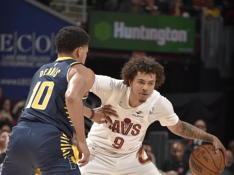 CLEVELAND, OH - APRIL 13:  Craig Porter Jr. #9 of the Cleveland Cavaliers dribbles the ball during the game against the Indiana Pacers on April 13, 2025 at Rocket Arena in Cleveland, Ohio. NOTE TO USER: User expressly acknowledges and agrees that, by downloading and/or using this Photograph, user is consenting to the terms and conditions of the Getty Images License Agreement. Mandatory Copyright Notice: Copyright 2025 NBAE (Photo by David Liam Kyle/NBAE via Getty Images)