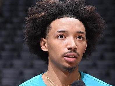 LOS ANGELES, CA - DECEMBER 26:  Nick Smith Jr. #8 of the Charlotte Hornets talks to the media before the game on December 26, 2023 at Crypto.Com Arena in Los Angeles, California. NOTE TO USER: User expressly acknowledges and agrees that, by downloading and/or using this Photograph, user is consenting to the terms and conditions of the Getty Images License Agreement. Mandatory Copyright Notice: Copyright 2023 NBAE (Photo by Juan Ocampo/NBAE via Getty Images)